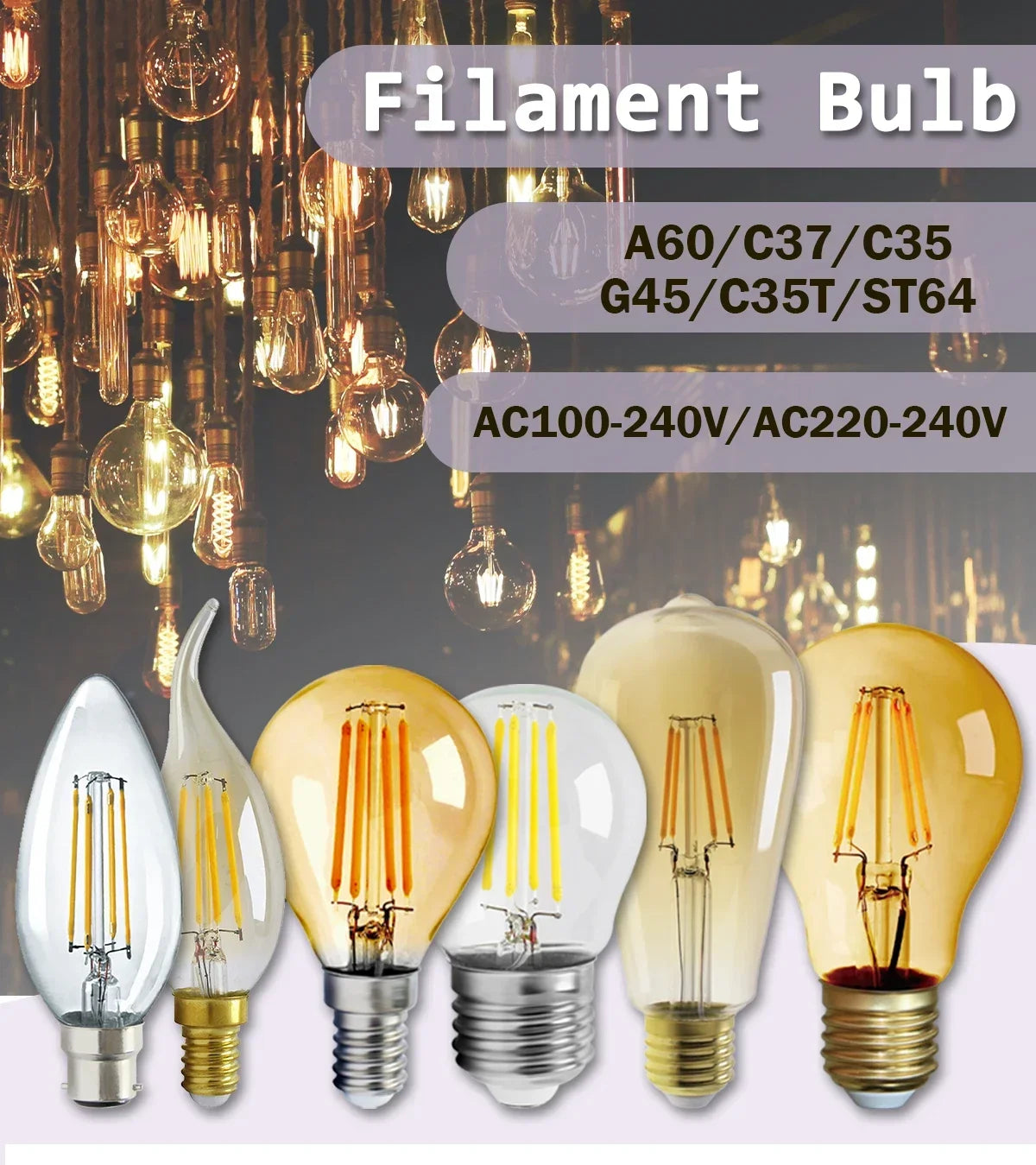 Confezione da 10 lampadine a filamento LED per E27 B22 220V 240V 4W 6W 9W Lampadine a LED bianche calde Lampada in vetro vintage
