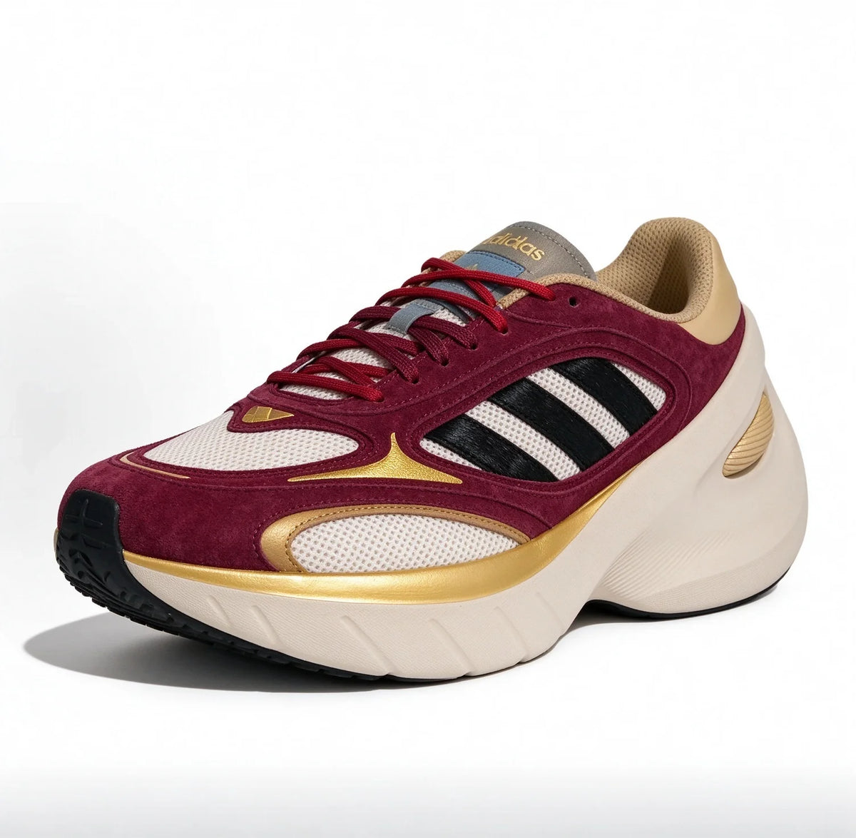 Scarpe sportive da corsa casual Adidas, modello «dad shoes» con suola spessa, in rosso vino e oro, stile retrò, che slanciano la figura, KI7013.