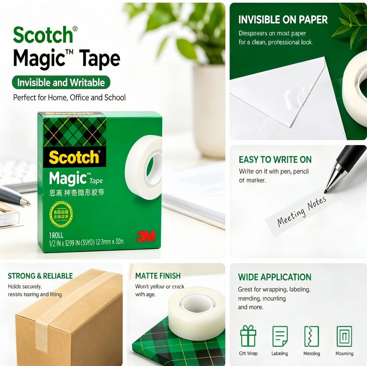 Nastro Adesivo Invisibile Originale 3M Scotch 810 con Dispenser e Rotolo di Ricambio 19mmx33m per Ufficio e Scuola