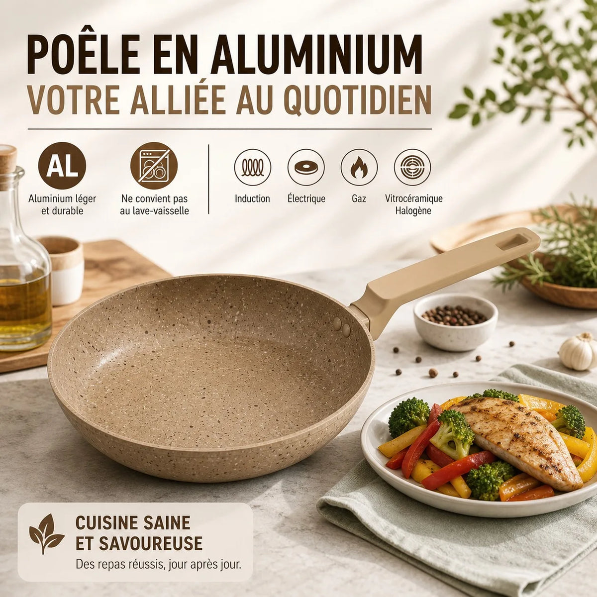 Padella in alluminio da 28 cm con rivestimento antiaderente effetto pietra, padella da cucina versatile compatibile con tutti i tipi di piani cottura, inclusa l'induzione, manico ergonomico e cottura sana senza sforzo.