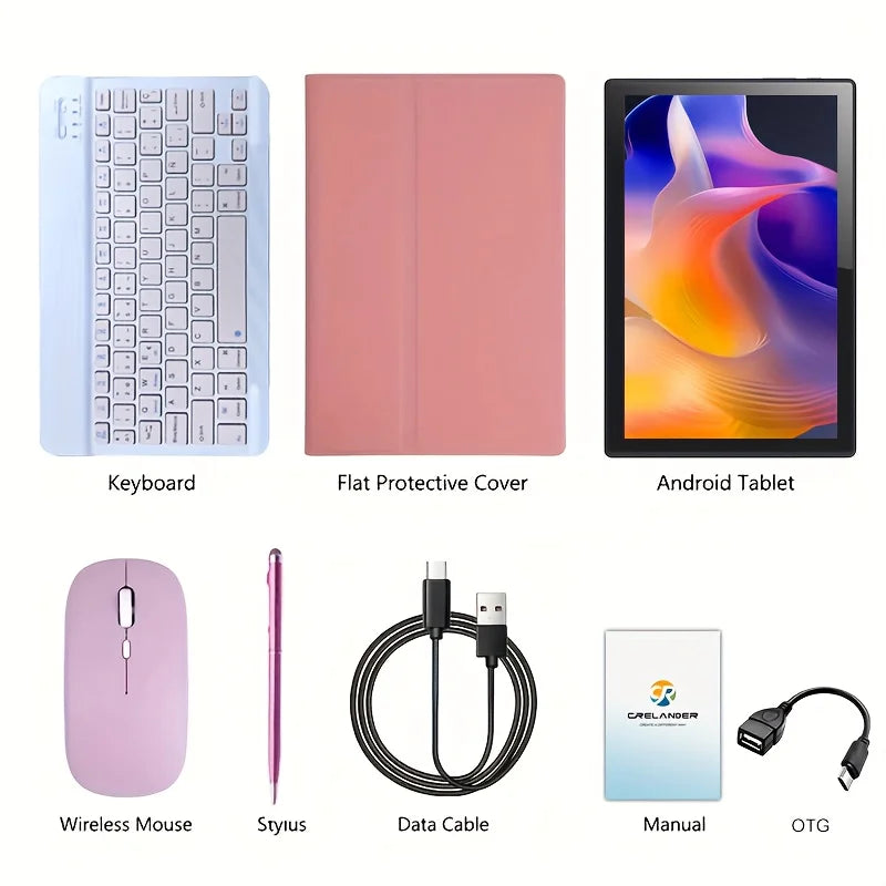 Tablet Android Koomdigi T30 Pro, dotato di schermo touchscreen HD da 10,1 pollici con risoluzione 1280x800, memoria interna da 128 GB con possibilità di espansione fino a 1 TB tramite scheda TF, processore MTK, tastiera e cu