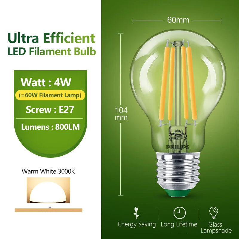 Philips Lampadina a filamento LED ultra efficiente Trasparente A60 E27 Vite Edison 2,5 W 4 W Lampada LED in vetro classico Colore bianco Risparmio energetico 1x