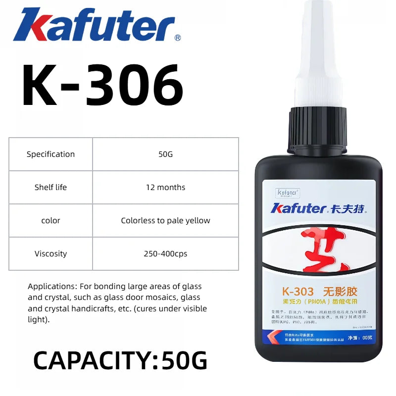 Kafuter K300 K302 K303 K306 Colla Acrilica UV per Vetro, Metallo, Plastica ABS - Adesivo Trasparente ad Alta Tenuta