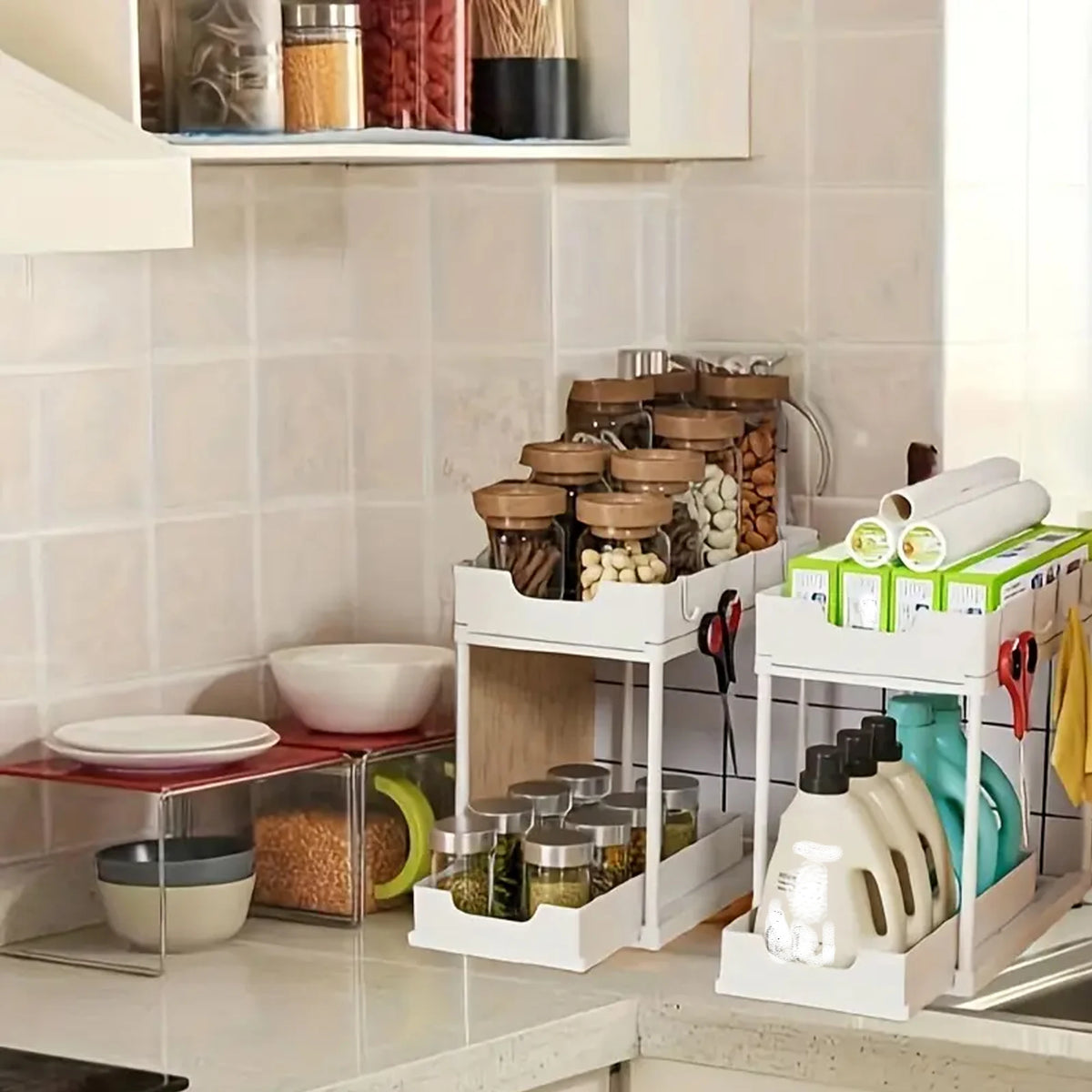 Nuovo Organizzatore Sottolavello a 2 Livelli, Ripiano Scorrevole Estraibile, Scaffale Multifunzione per Cucina e Bagno, Organizzatore Salvaspazio per Armadietti