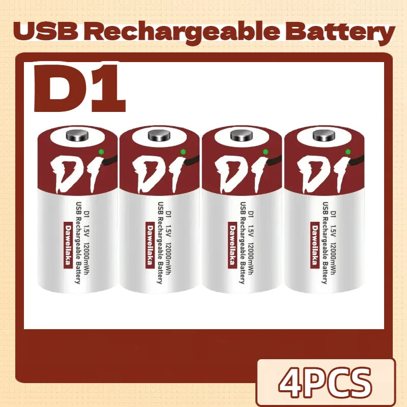 Batteria agli ioni di litio da 1,5 V formato D, 12000 mWh, ricaricabile tramite USB per torce, scaldabagni, giocattoli, include cavo di ricarica gratuito
