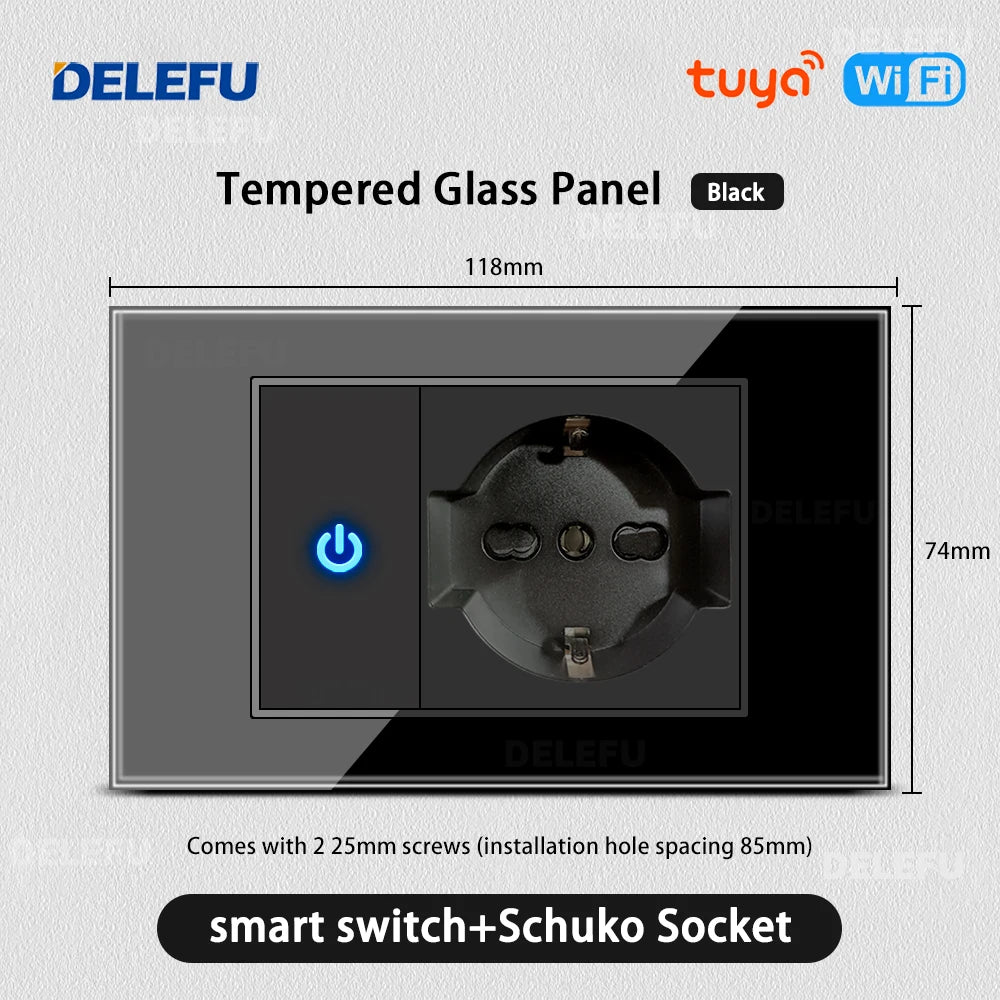 DELEFU Presa a Muro in Vetro Temperato Nero con USB Type-C per Ricarica Rapida, Interruttore Schuko, TV Sat, Telefono, Campanello, Italia/Cile