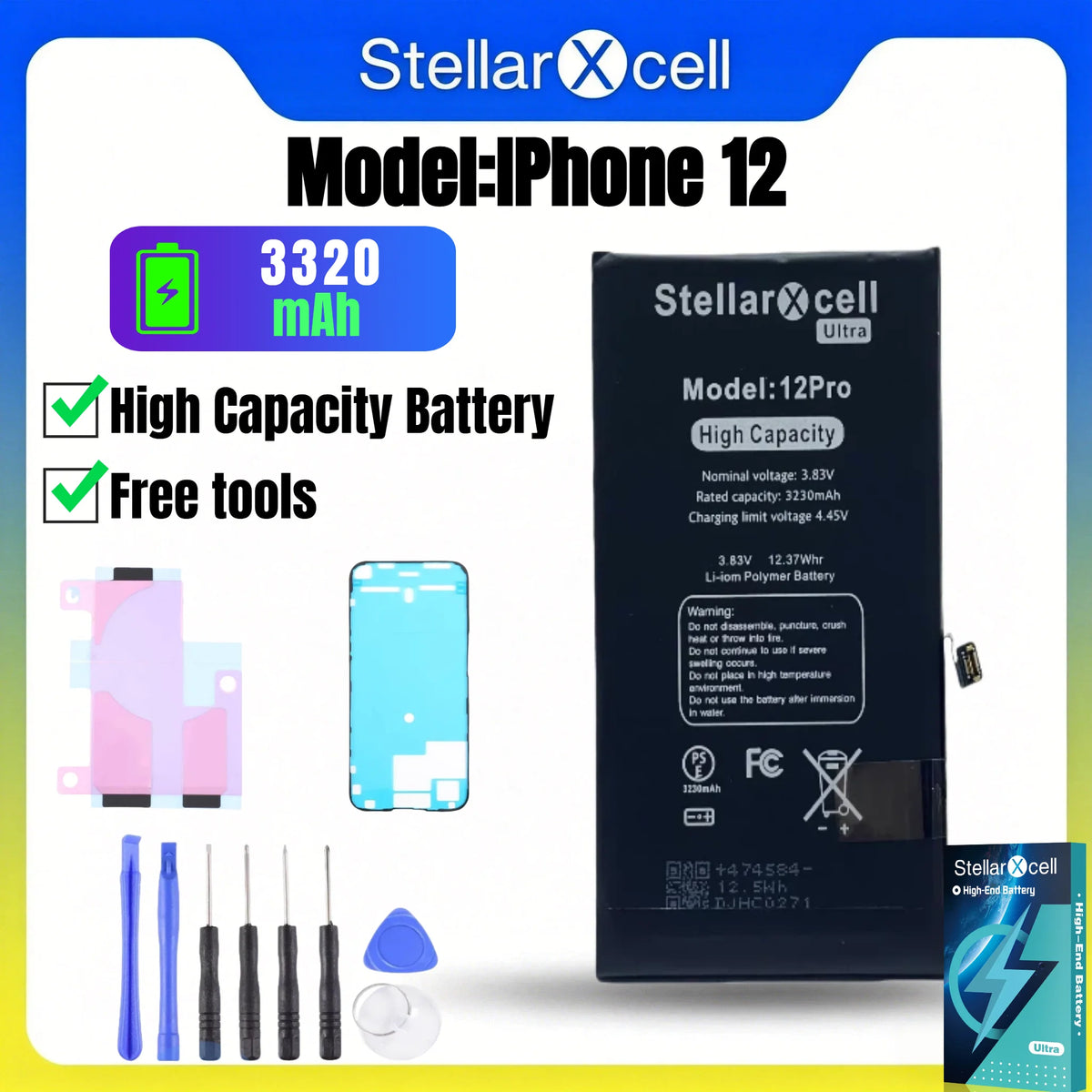 Batteria StellarXcell Ultra per iPhone, Spedita dalla Germania, per iPhone 12 12Pro 12Promax, Batteria ad Alta Capacità, Batteria di Alta Qualità, Sostituzione Batteria iPhone con Strumenti Gratuiti, 0 Cicli, Mostra il 100%