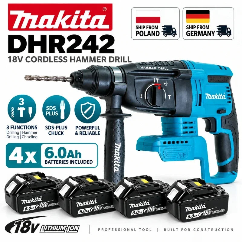 Trapano a percussione rotante senza fili Makita DHR242 18V, capacità per calcestruzzo 24mm, SDS Plus 4700 IPM 2.0J, utensile da costruzione per impieghi gravosi a 3 modalità, compatibile con BL1860B BL1850B BL1815, spedizio