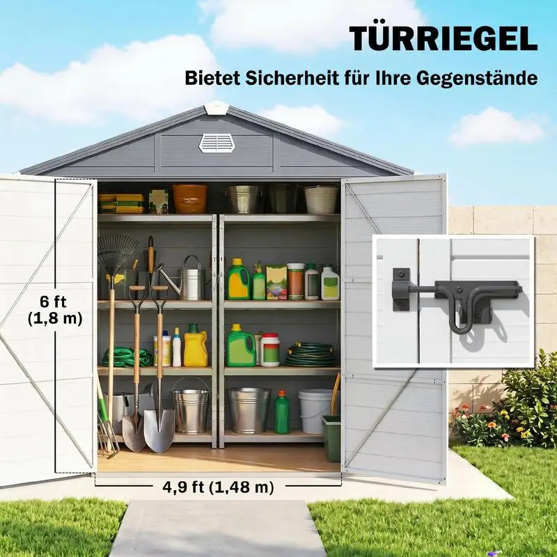 Casetta per attrezzi da giardino con finestra di ventilazione, in plastica e metallo, 240 x 190 x 180/228, Grigio