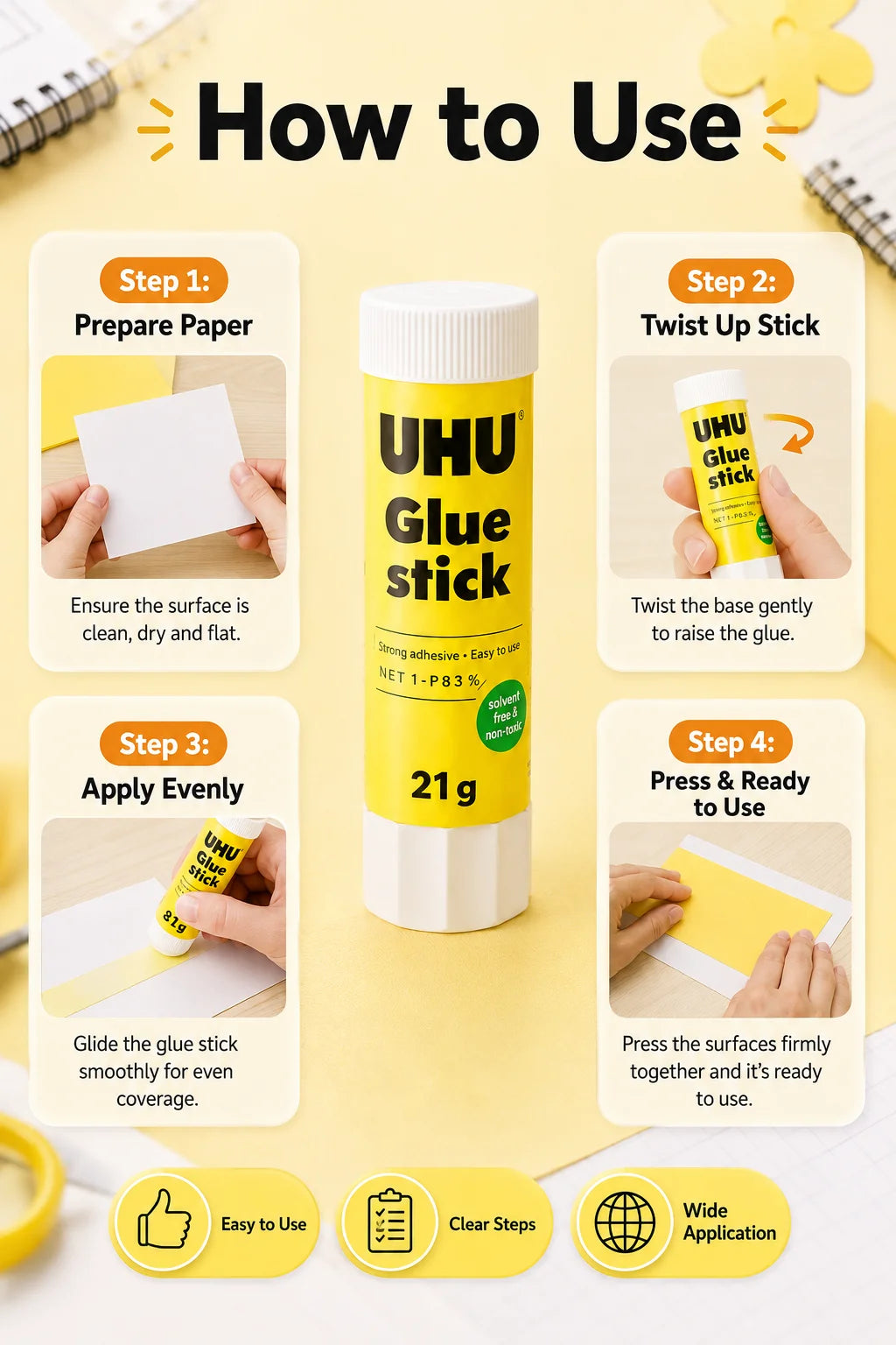 Colla stick UHU 8.2g 21g, colla solida forte, senza disordine, per scuola, ufficio, artigianato, carta.