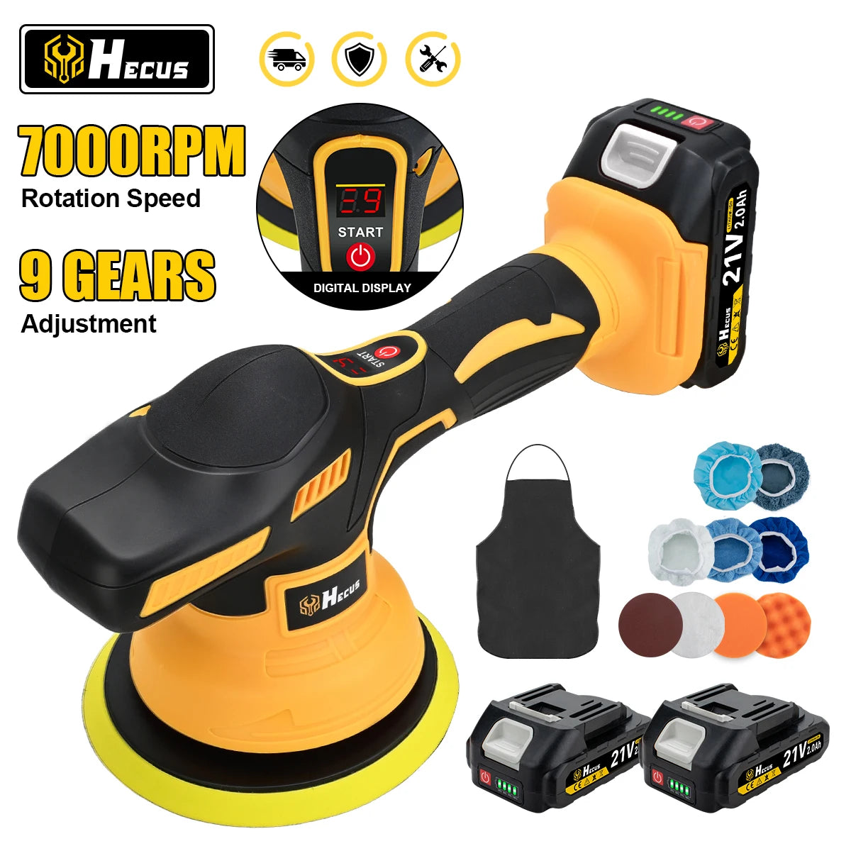 Lucidatrice Elettrica per Auto Hecus 9 Velocità, Senza Fili, con Display Digitale, Utensile Rotante per Lucidatura e Ceratura, Compatibile con Batteria Makita 18V