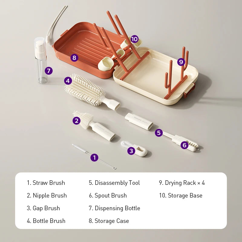 Set di 10 spazzole per la pulizia delle bottiglie, con spazzola in silicone per bottiglie, spazzola per la pulizia dei tettarelle e scolapiatti per bottiglie, ideale per la casa e i viaggi.