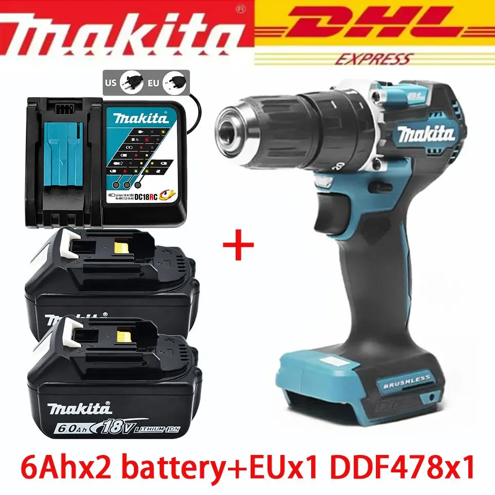 Trapano avvitatore a batteria Makita DDF487 18V LXT, compatto, leggero, con elevata coppia, 20 impostazioni di coppia, luce LED e cambio a 2 velocità.