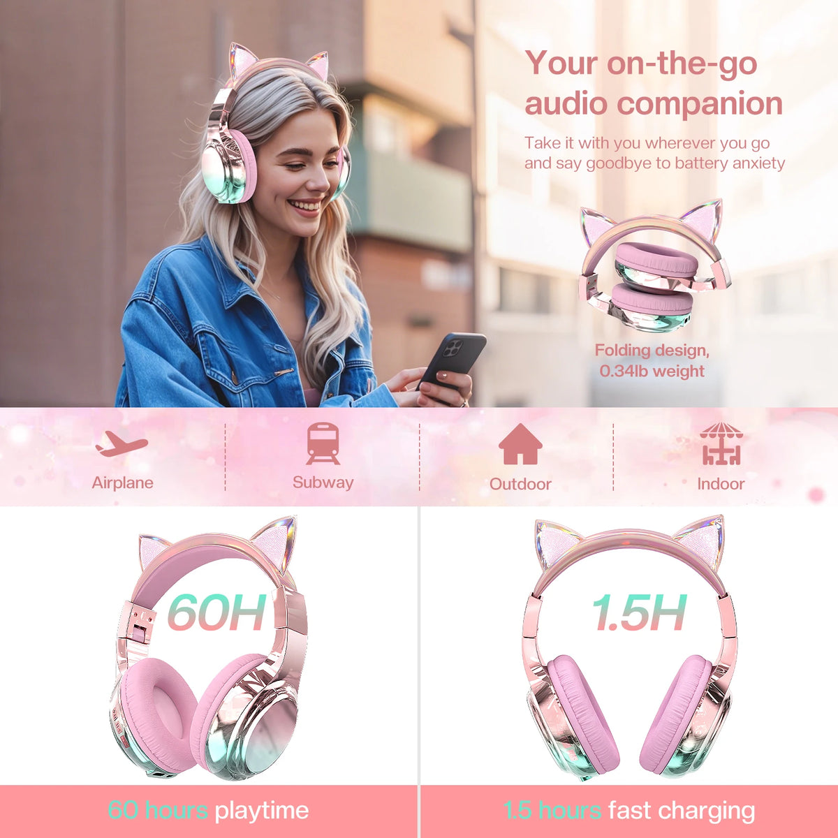 Cuffie wireless a forma di orecchie di gatto per ragazze e bambini, cuffie Bluetooth con volume sicuro 74/85/94dB, cuffie pieghevoli per bambini, ideali per i viaggi