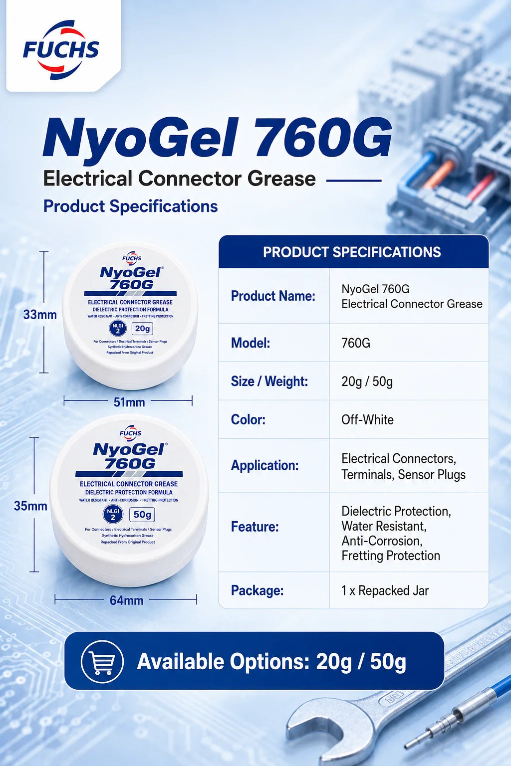 NyoGel 760G Grasso per Connettori Elettrici, Lubrificante Dielettrico Anticorrosione per Terminali di Cablaggio Automobilistico e Spine per Sensori 20g 50g