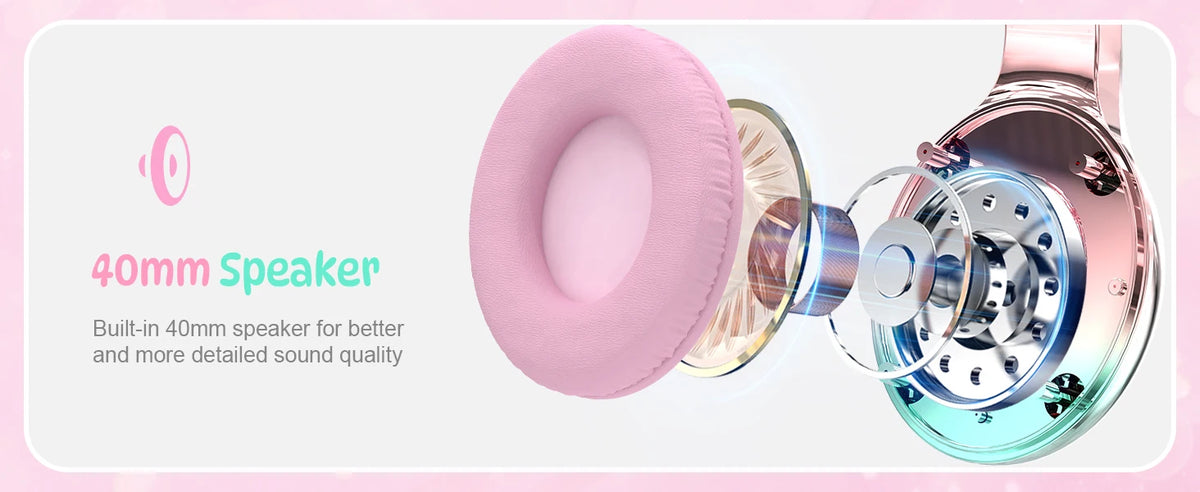 Cuffie wireless a forma di orecchie di gatto per ragazze e bambini, cuffie Bluetooth con volume sicuro 74/85/94dB, cuffie pieghevoli per bambini, ideali per i viaggi