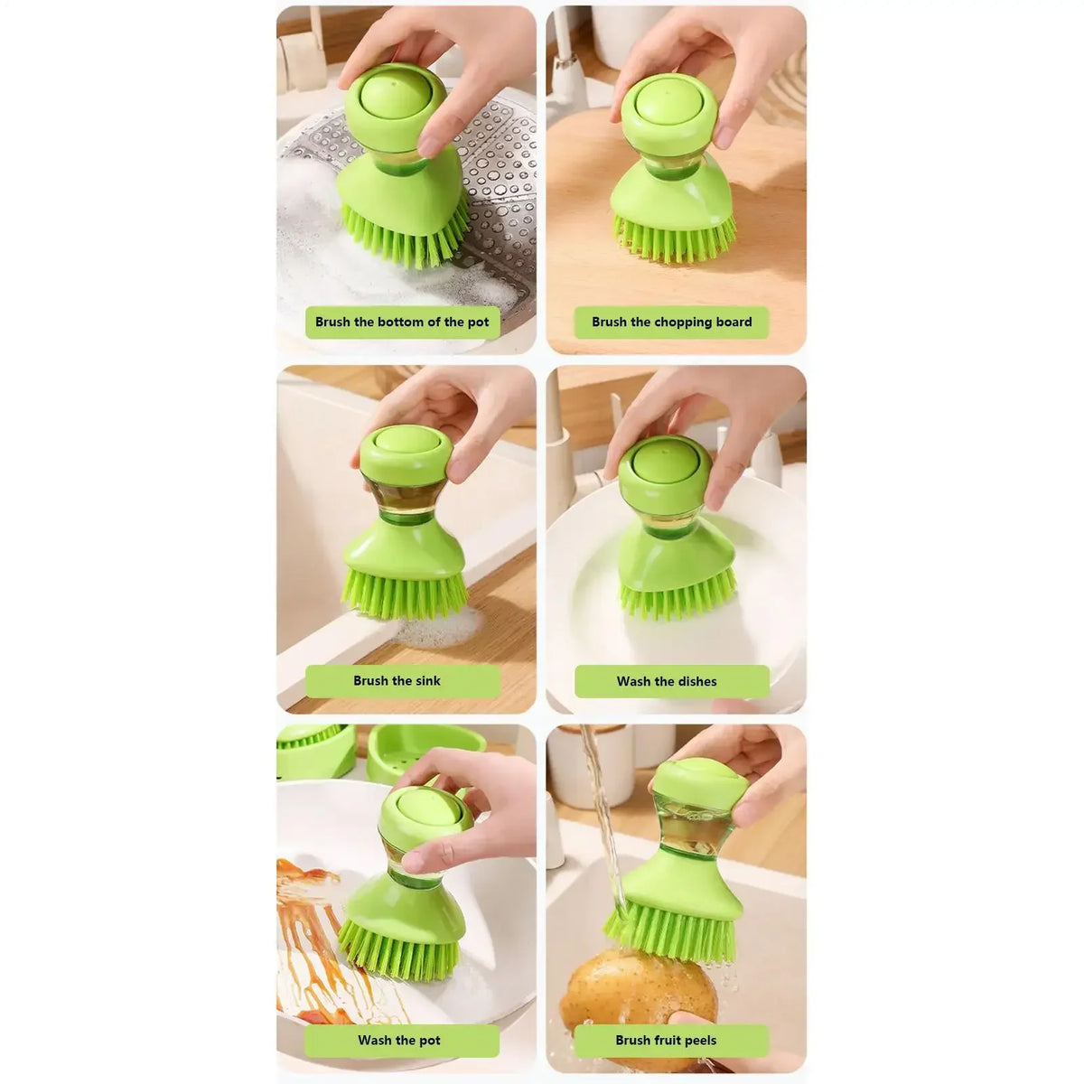 Spazzola per piatti con erogatore di sapone 2 in 1, dotata di spazzola integrata per la pulizia di pentole, padelle e lavelli, fornita con supporto da parete, strumento per la pulizia della cucina.