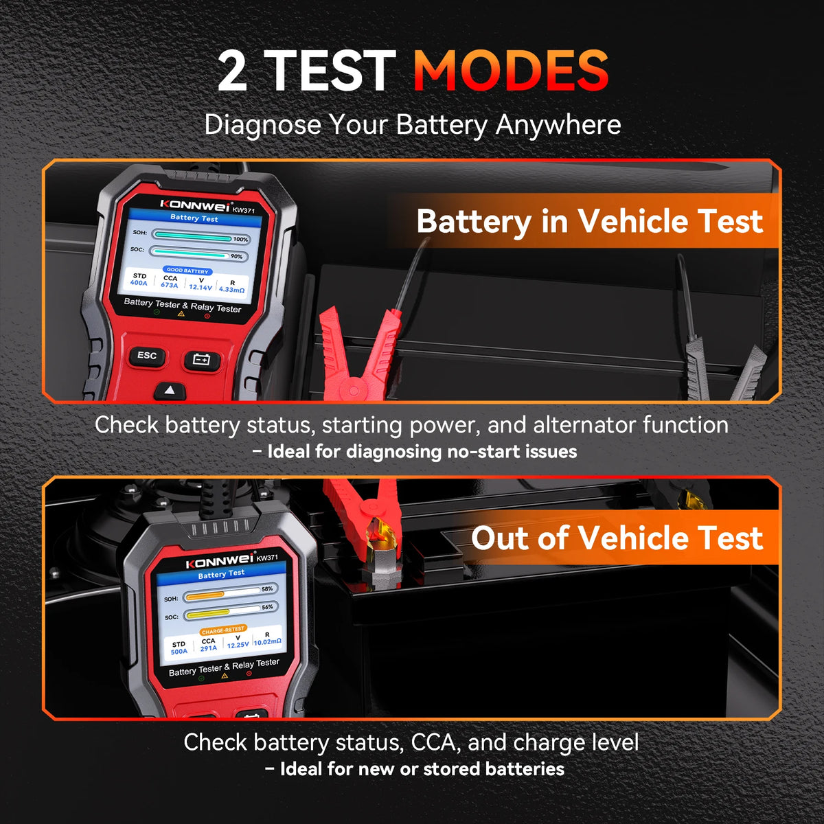 Tester Batteria Auto 2in1 KONNWEI KW371 2026 e Tester Relè a 4 Pin 5 Pin 6V 12V 24V con Stampa Dati Guasto, Test Avvio e Strumento di Scansione Ricarica