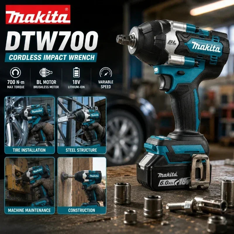 Avvitatore a impulsi Makita DTW700 a batteria 18V Brushless 700Nm, pistola a impulsi elettrica ad alta coppia con attacco da 1/2 pollice, velocità variabile, Auto-Stop per BL1830 BL1840 BL1850 BL1860B, spedizione rapida UE