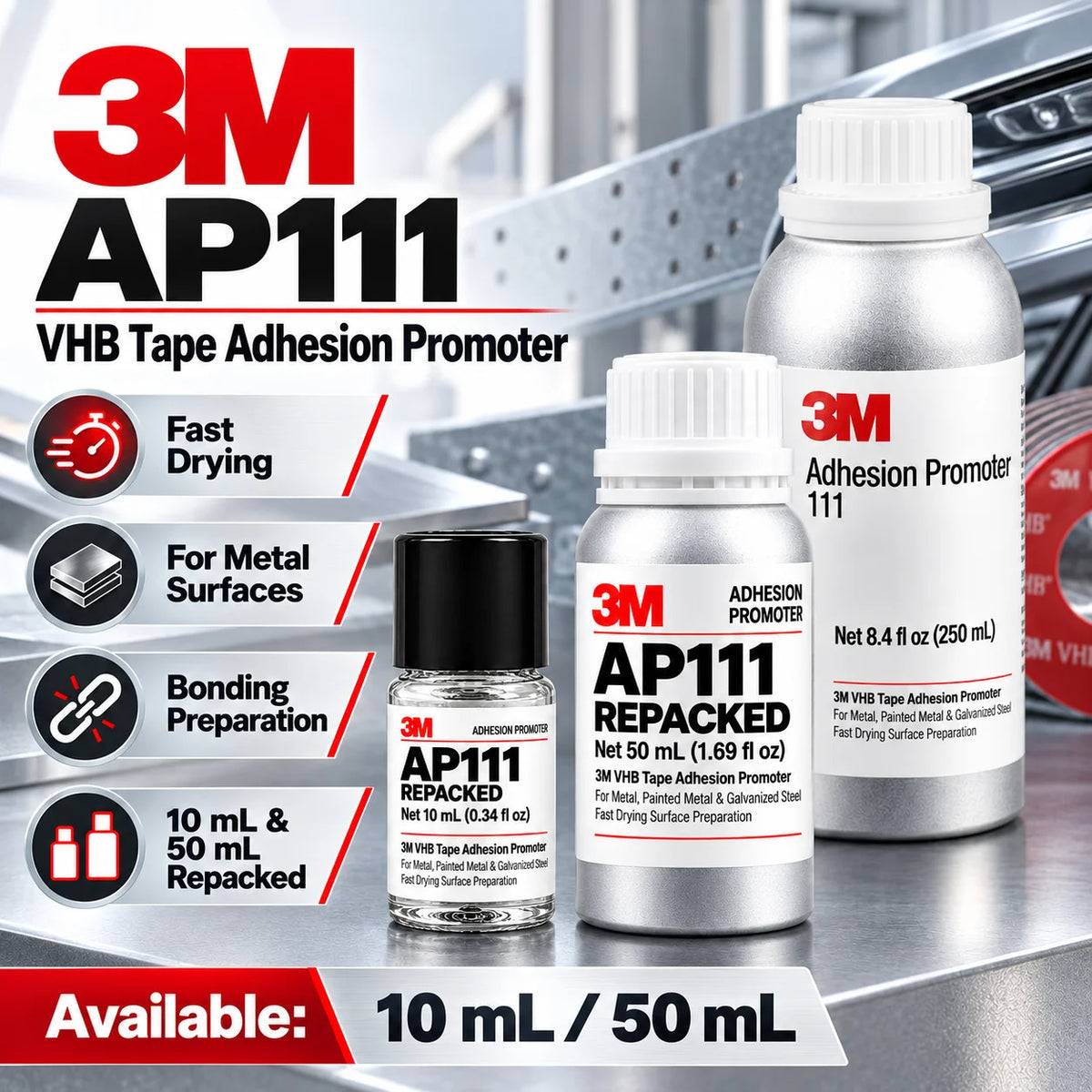 3M AP111 Promotore di Adesione, Primer per Nastro VHB ad Asciugatura Rapida, Preparazione Superficie per Metallo, Acciaio Verniciato e Zincato, Uso Automobilistico, 10ml 50ml