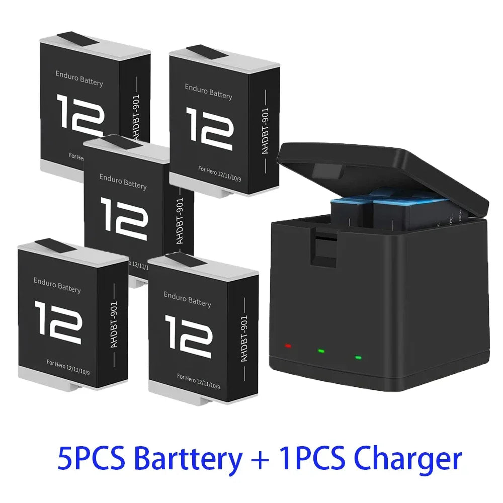 Batteria per GoPro Hero 12 11 10 9 Motion Camera, batteria ricaricabile da 1800mAh, caricatore a 3 slot con luce LED, custodia per GoPro