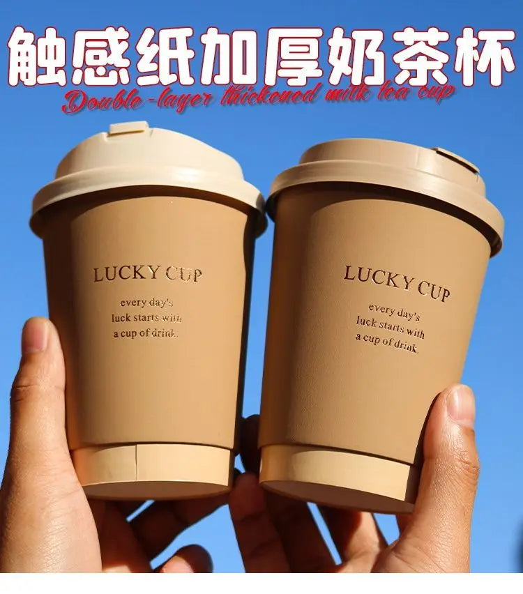 50 pz 330/400/500 ml Bicchieri di carta usa e getta Marrone Stampa a caldo Tazza di tรจ al latte con coperchio Boccale di caffรจ per bevande calde e fredde a doppio strato