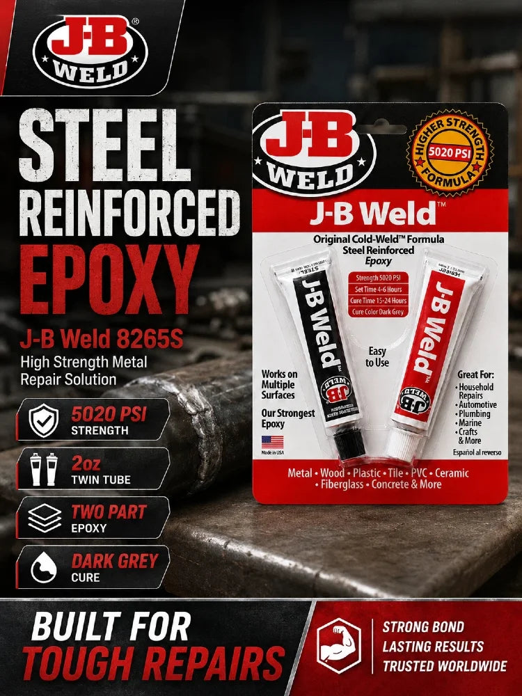 Adesivo Epossidico Bicomponente J-B Weld 8265S per Riparazione Metallo Rinforzato con Acciaio, Colla 2oz in Tubetto Doppio per Auto, Casa e Fai-da-Te