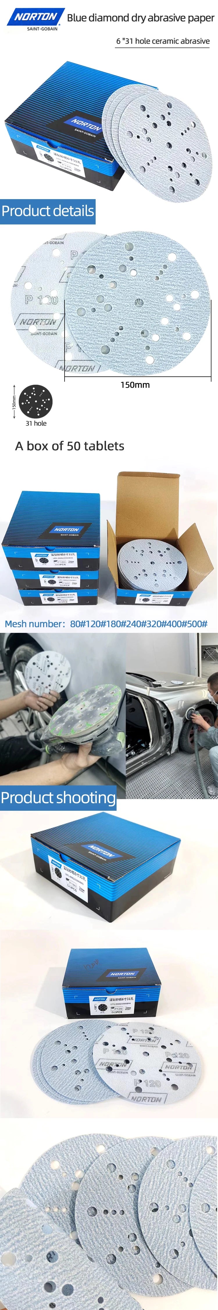 NORTON Carta Abrasiva Americana Blu 150mm con Fondo in Velluto Autoadesivo per Levigatura a Secco, Rotonda, 31 Fori, 6 Pollici per Settore Automobilistico