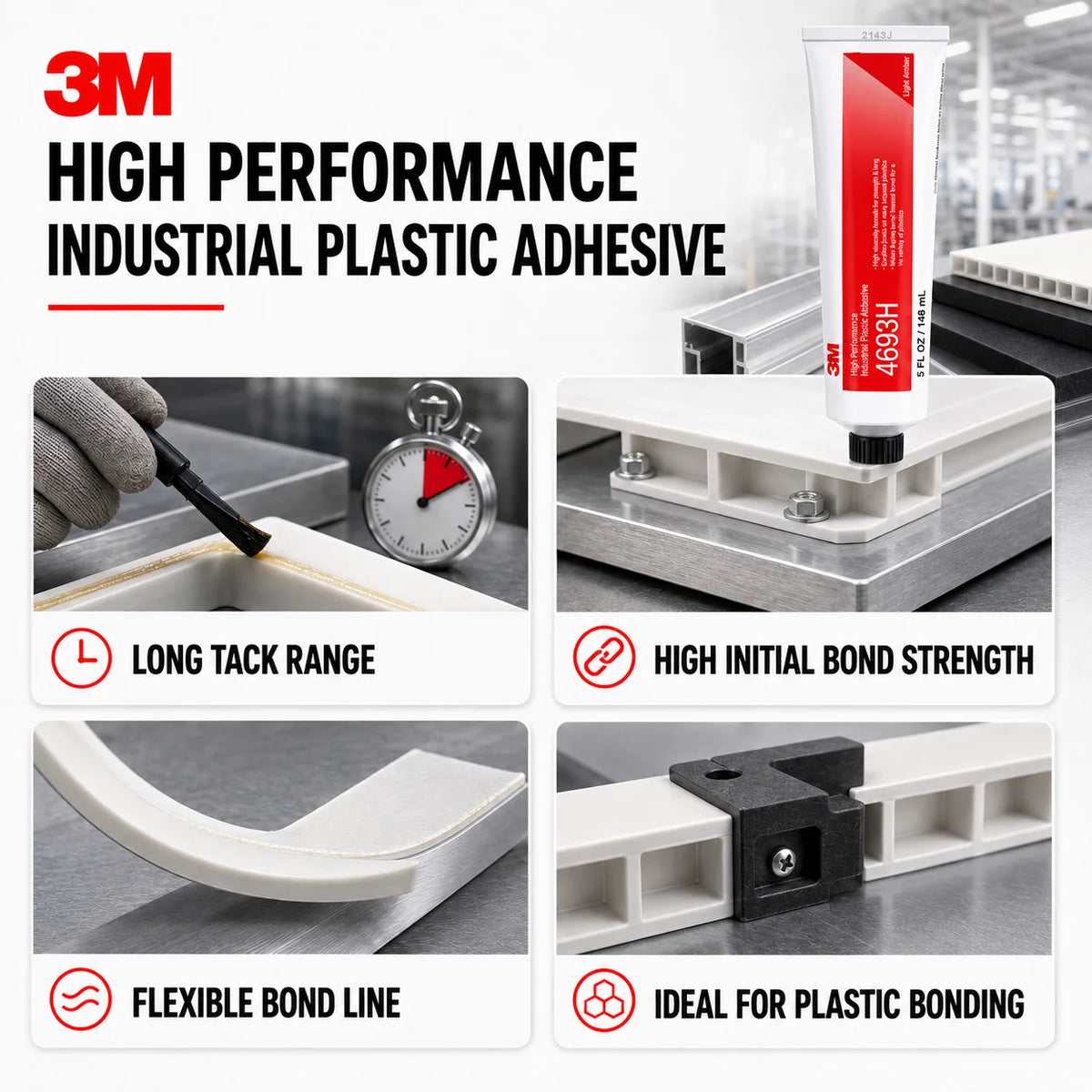 Adesivo Plastico ad Alte Prestazioni 3M 4693H per Riparazioni Industriali di PP, PE, ABS per Tecnici di Manutenzione