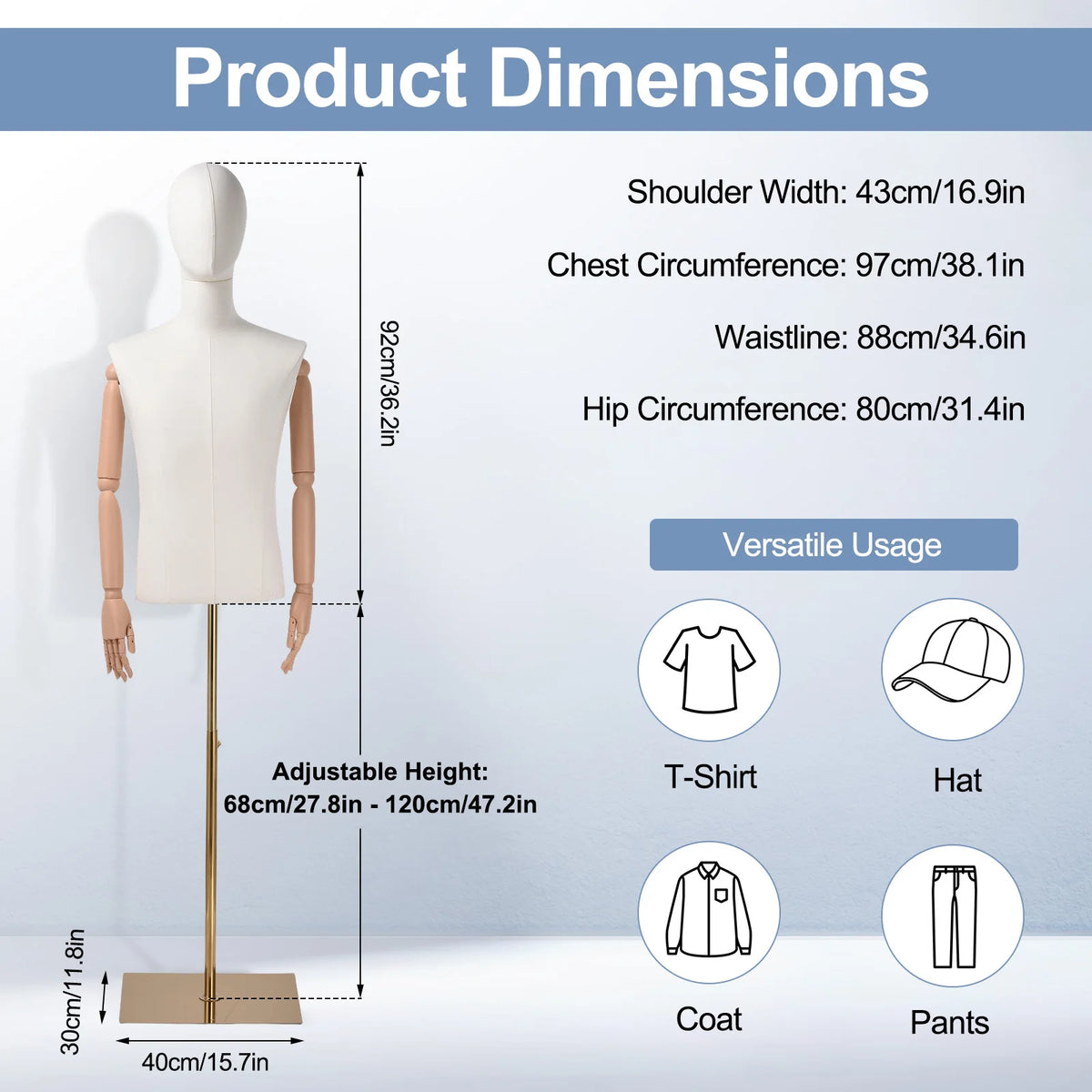 Manichino Regolabile per Sartoria ed Esposizione, Torso Femminile con Testa e Braccia Staccabili, Supporto Dorato Regolabile in Altezza, con Rivestimento in Lino, per Abbigliamento Donna, Uomo, Bambino e Esposizione Gioielli