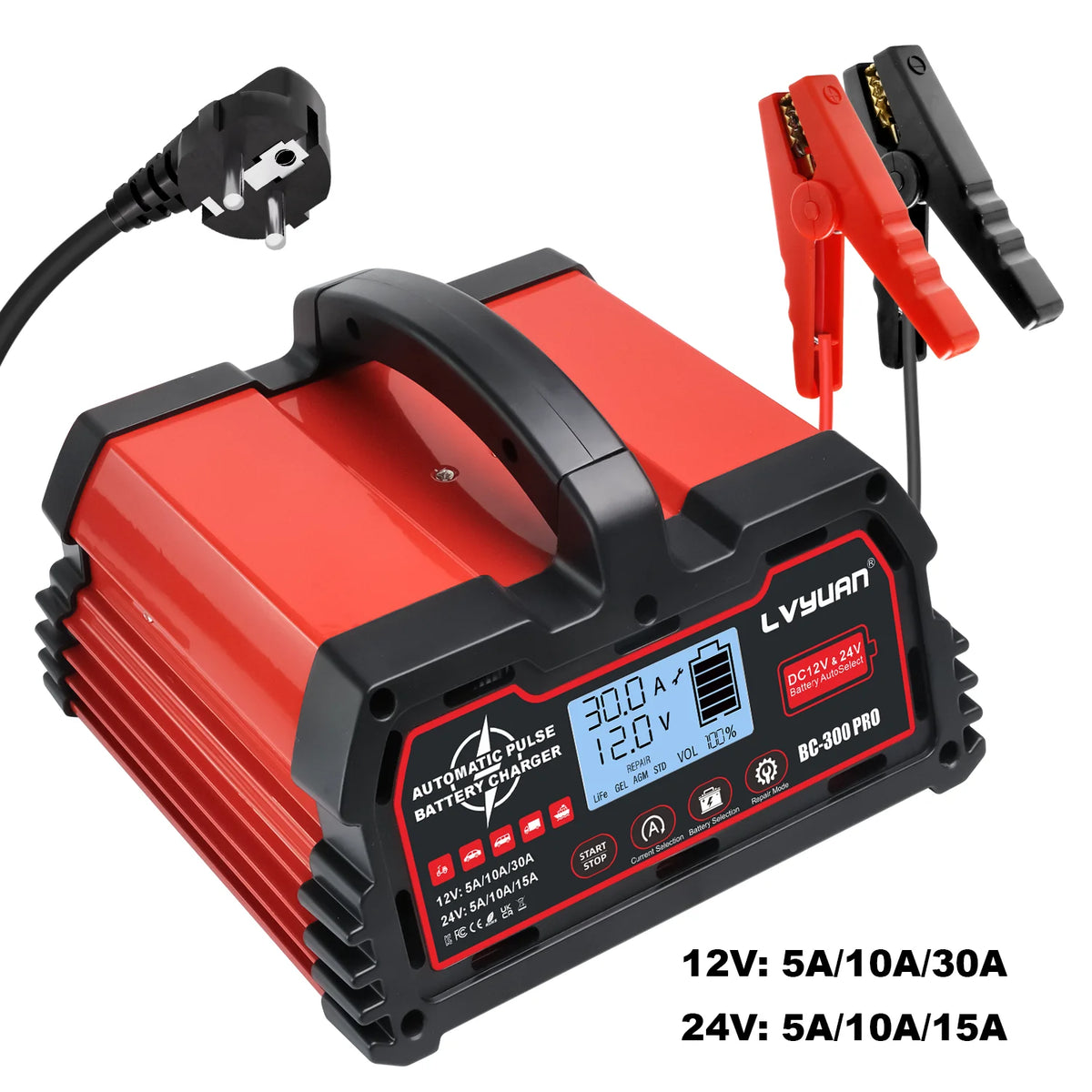 Caricabatterie LVYUAN 20A/25A/30A/40A per Batterie al Piombo-Acido 12V/24V/LiFePO4/AGM/STD/Gel/EFB con Funzione di Riparazione a Impulsi