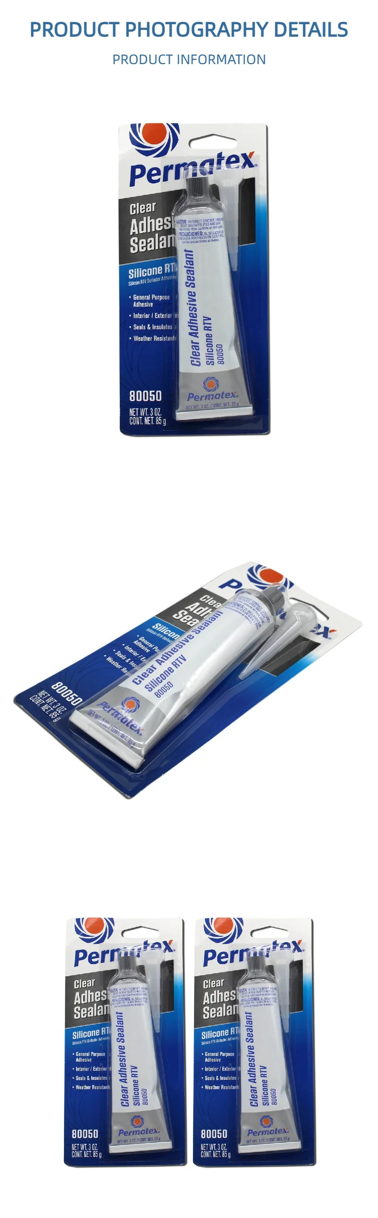 Permatex 80050 Adesivo Sigillante Siliconico RTV Trasparente 3oz Colla Flessibile Impermeabile per Vetro Metallo Plastica Vinile