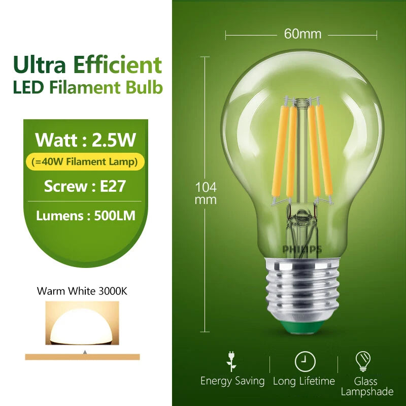Philips Lampadina a filamento LED ultra efficiente Trasparente A60 E27 Vite Edison 2,5 W 4 W Lampada LED in vetro classico Colore bianco Risparmio energetico 1x