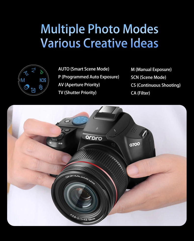 Ordro 4K Fotocamera digitale 12x Zoom ottico Videocamera per fotografia Messa a fuoco automatica 2024 Nuovo Vlog Camara Flash LED integrato