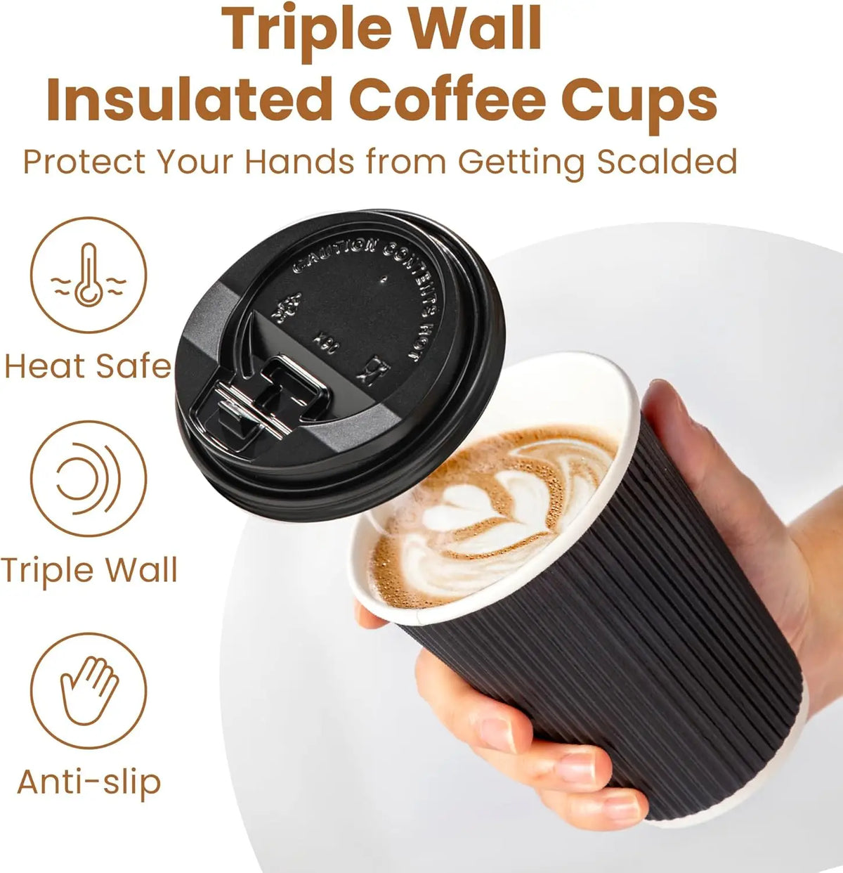 Tazze da caffè usa e getta nere da 12 OZ con coperchi Tazze ondulate a tripla parete per andare a caldo Bicchieri di carta isolati per bevande calde Home Office