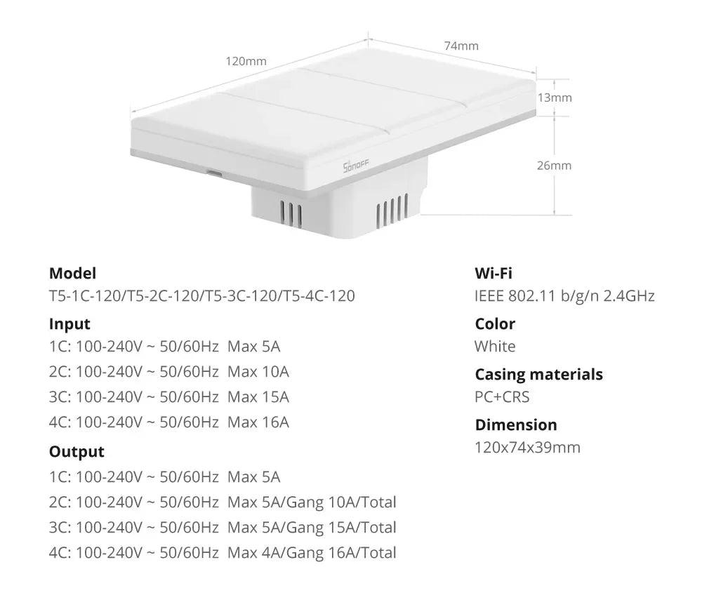 Sonoff TX Ultimate SONOFF T5 Sonoff Interruttore da parete 86/120 Accesso completamente touch Bordo luminoso a LED Multi-sensoriale tramite Alexa Home Smartthings