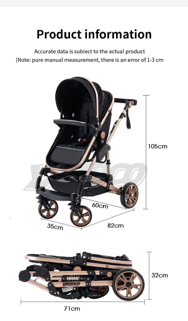 Passeggino 3 in 1 Facile da piegare Telaio in alluminio ad alto paesaggio Passeggino neonato con ruota in gomma per assorbimento degli urti a quattro ruote