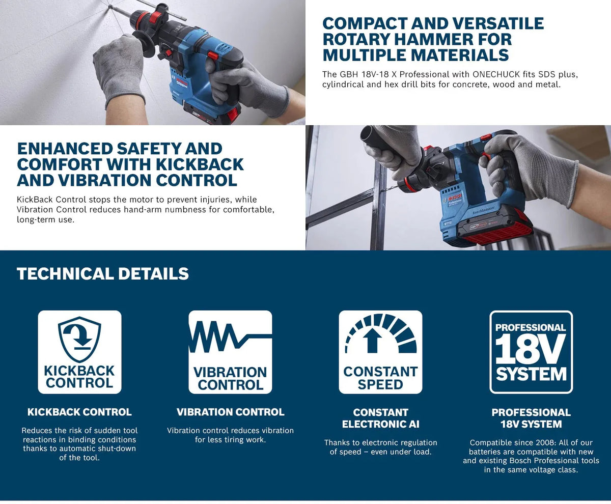  Bosch GBH 18V-18 GBH 18V-18 X Trapano Tassellatore Rotativo Leggero Brushless a Batteria 2-in-1 per Calcestruzzo