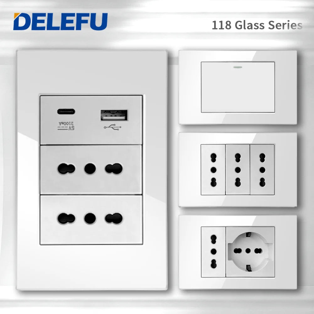 DELEFU Presa a Muro in Vetro Temperato Bianco Italia USB Tipo C Ricarica Rapida Interruttore Schuko TV Satellitare Citofono Cile