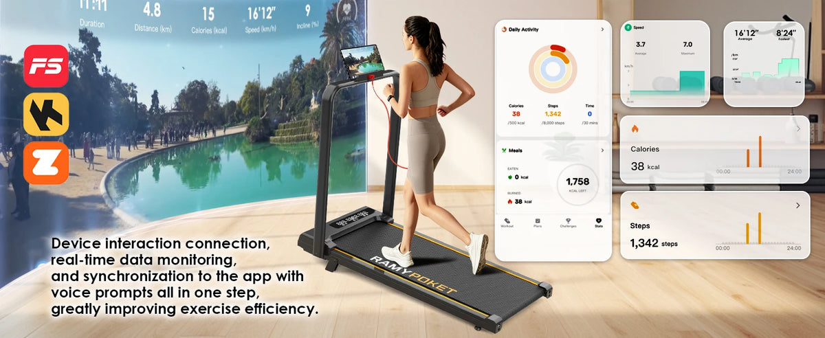 Ramypoket Tapis Roulant Pieghevole con Inclinazione 15%, Tapis Roulant 12Km/H, App/LED, Tapis Roulant da Ufficio, Carico Massimo 150kg