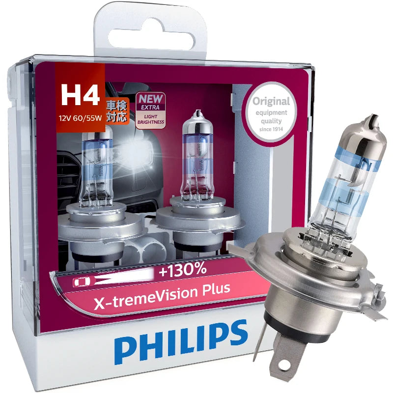 Philips H4 12V 60/55W X-tremeVisio Plus 3700K Luce Brillante Fino al 130% Più Luminosa Faro Alogeno Originale per Auto 12342XV+