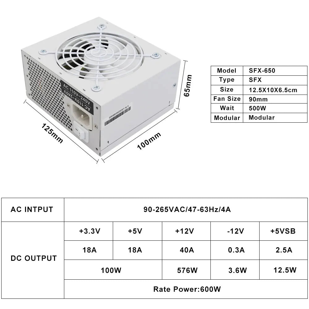 Alimentatore SFX completamente modulare da 600W, design compatto per case Mini-ITX SFF, ventola silenziosa da 90mm, tensione ampia 90-265V, per sistemi PC gaming compatti.