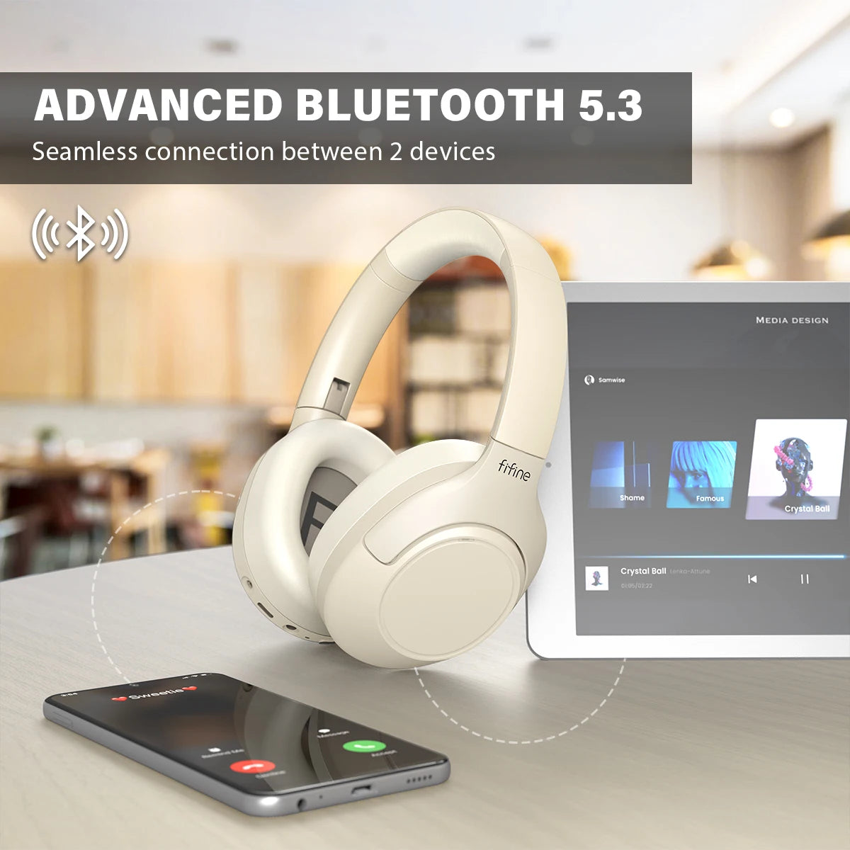 FIFINE Cuffie wireless Bluetooth per telefono/al pad, cuffie over-ear con cancellazione attiva del rumore per musica/gioco, portatili, 65H-X3