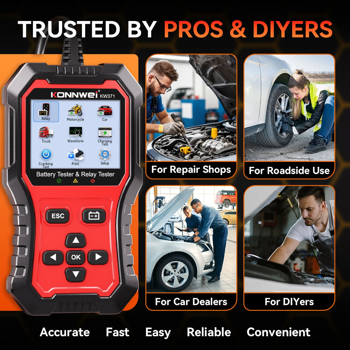 Tester Batteria Auto 2in1 KONNWEI KW371 2026 e Tester Relè a 4 Pin 5 Pin 6V 12V 24V con Stampa Dati Guasto, Test Avvio e Strumento di Scansione Ricarica