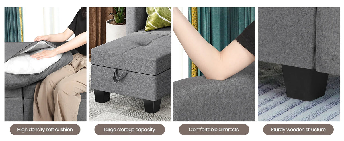 Divano componibile con spazio contenitore, chaise longue trasformabile per soggiorno e camera da letto