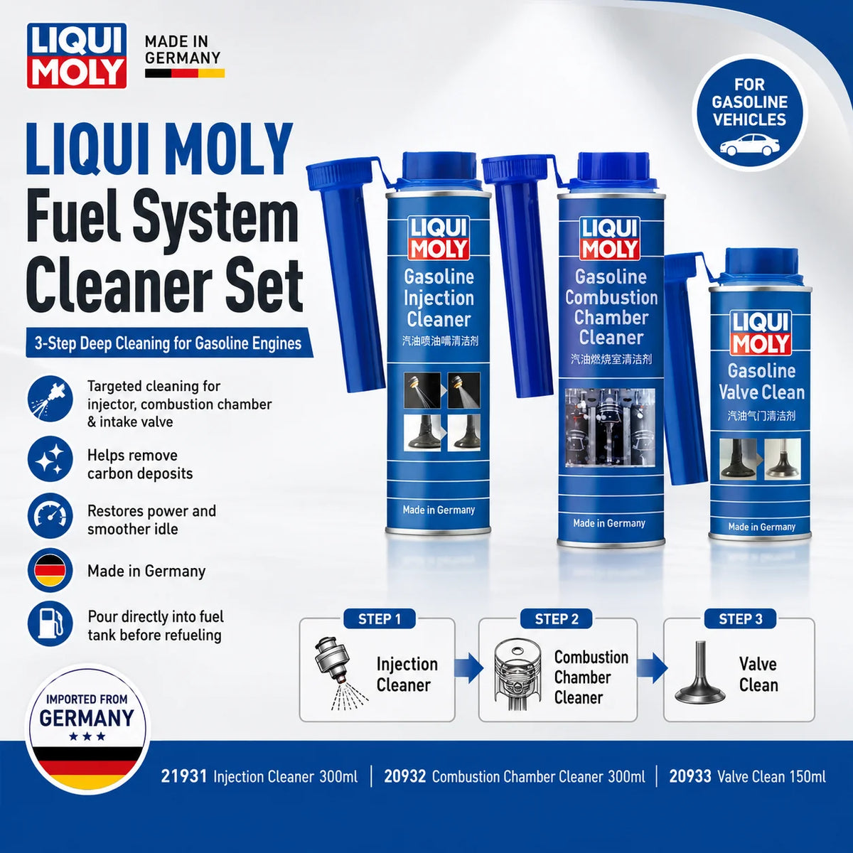 Set di Pulizia del Sistema di Alimentazione LIQUI MOLY, Detergente per Iniettori Auto, Rimozione Depositi di Carbonio, Additivo per Carburante, Liquido per la Cura del Motore del Veicolo