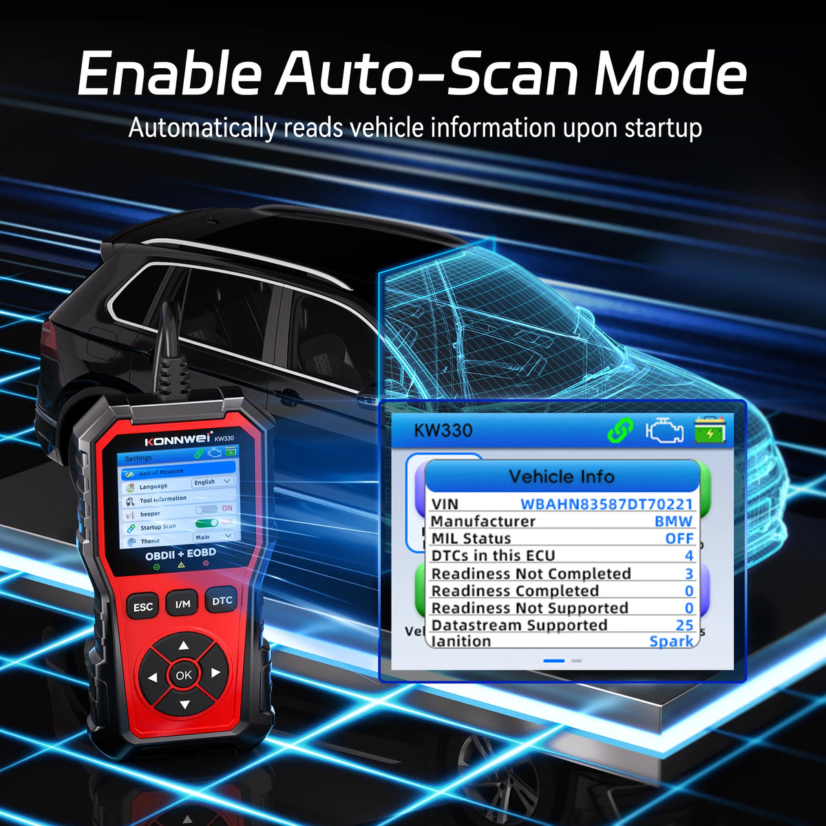 2026 KONNWEI KW330 Auto OBD2 Scanner di guasti Test della batteria del motore Codice di guasto Trasparente Dati in tempo reale Strumento di ispezione OBD professionale