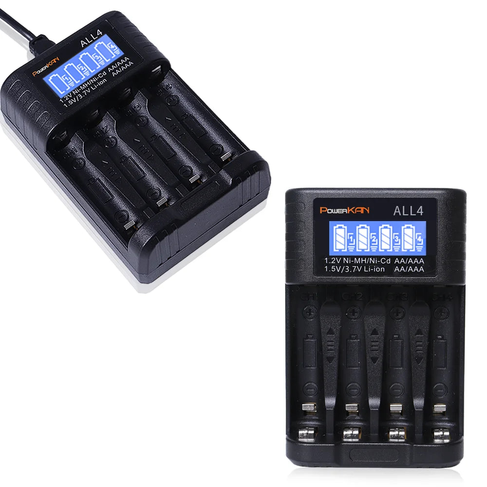 POWERKAN ALL4 AA/AAA Caricabatteria piccolo e conveniente a 4 slot per ioni di litio Hi-MH da 1,2 V e 1,5 V/3,7 V con schermo LCD