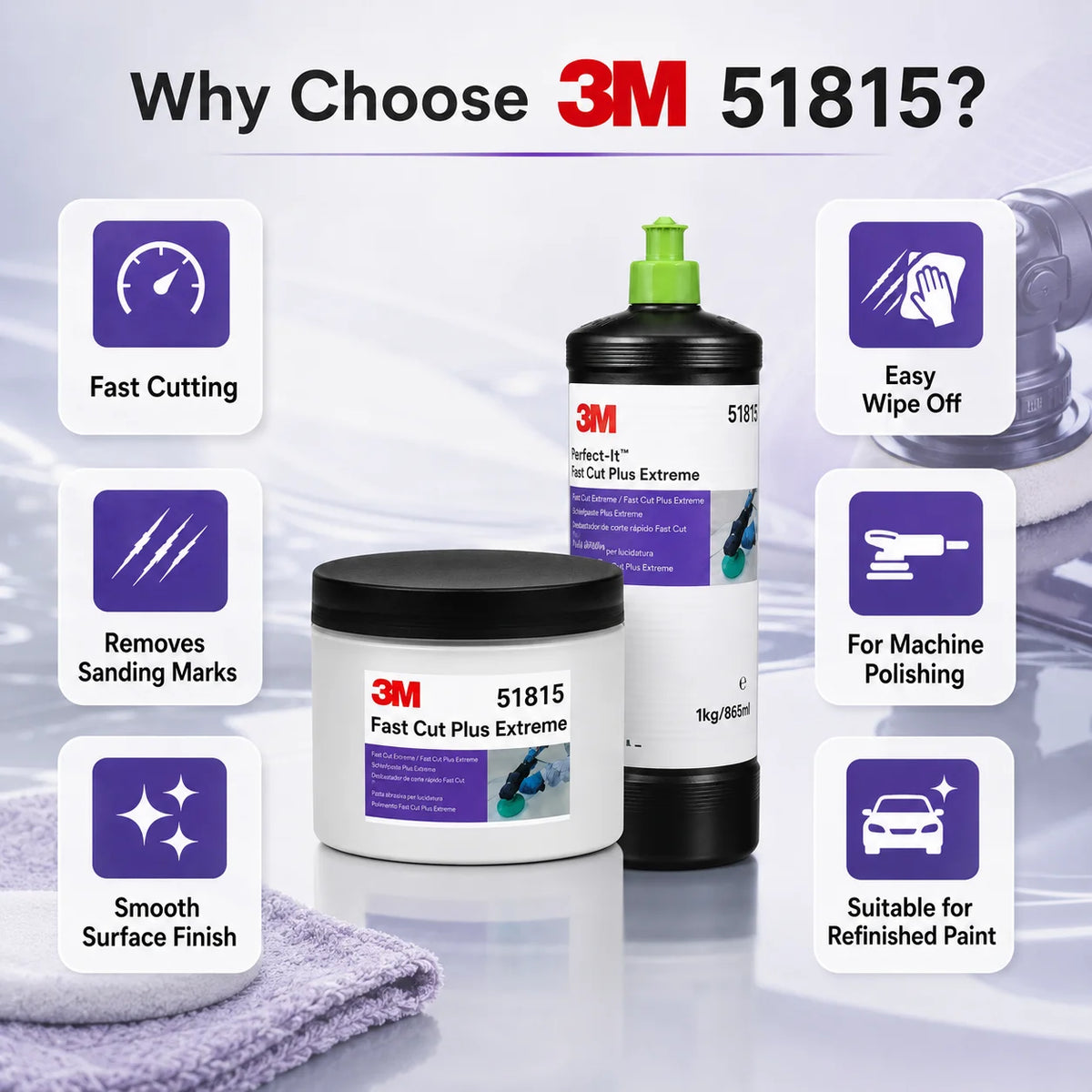 Composto Professionale 3M 51815 Fast Cut Plus Extreme per Lucidatura e Rimozione Graffi Vernice Auto, Confezione da 100g