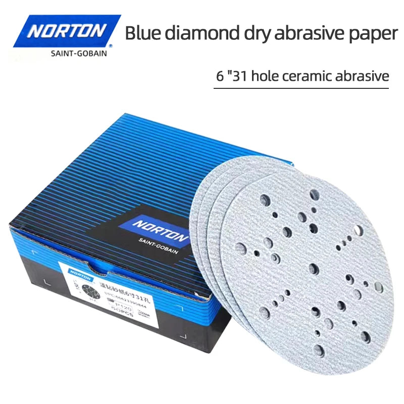 NORTON Carta vetrata blu americana 150 mm cinturino posteriore in velluto autoadesivo macinazione a secco rotondo abrasivo 31 fori da 6 pollici per il settore automobilistico
